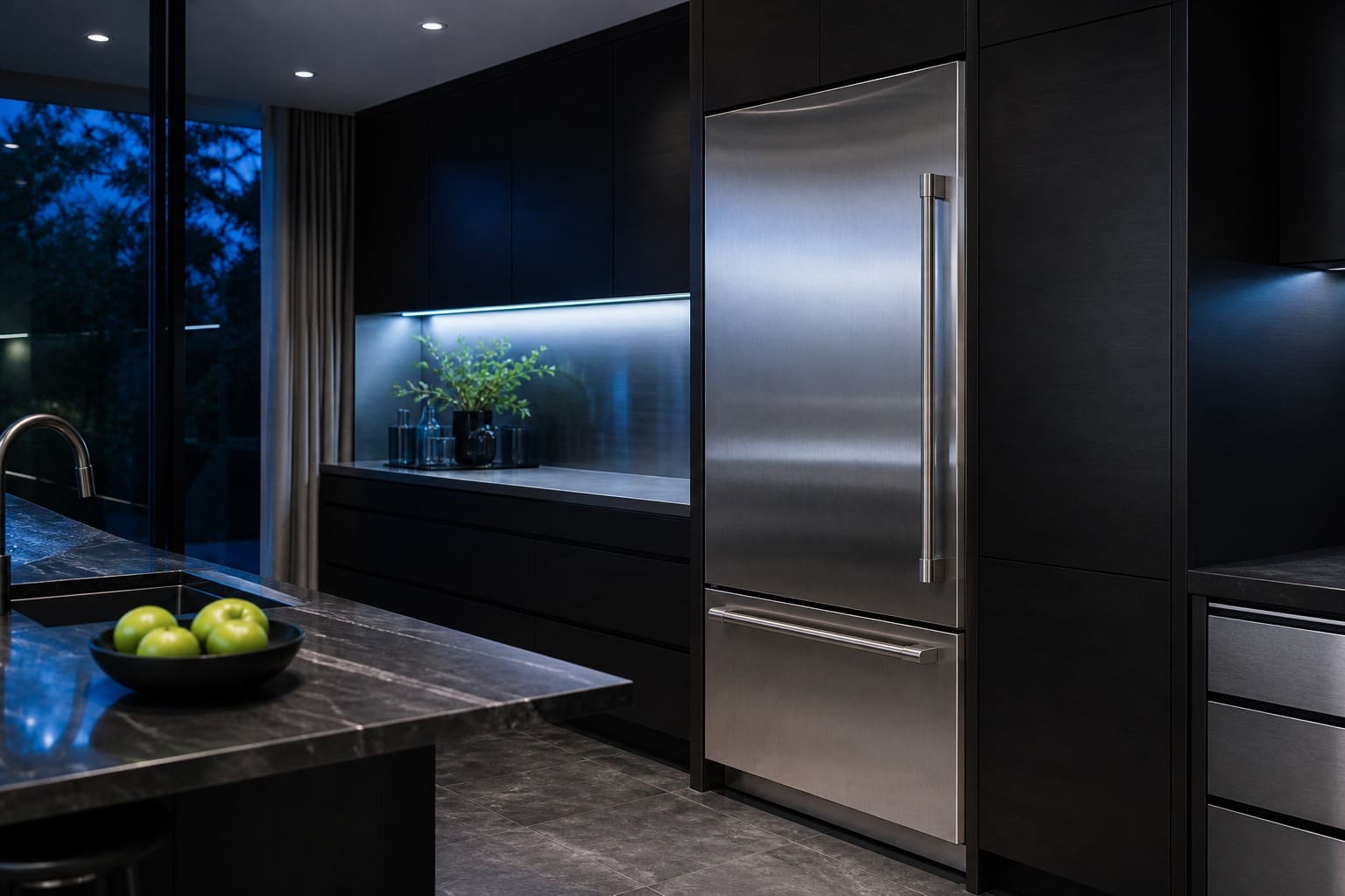 GE Monogram built-in refrigerator and range in a Cupertino estate kitchen