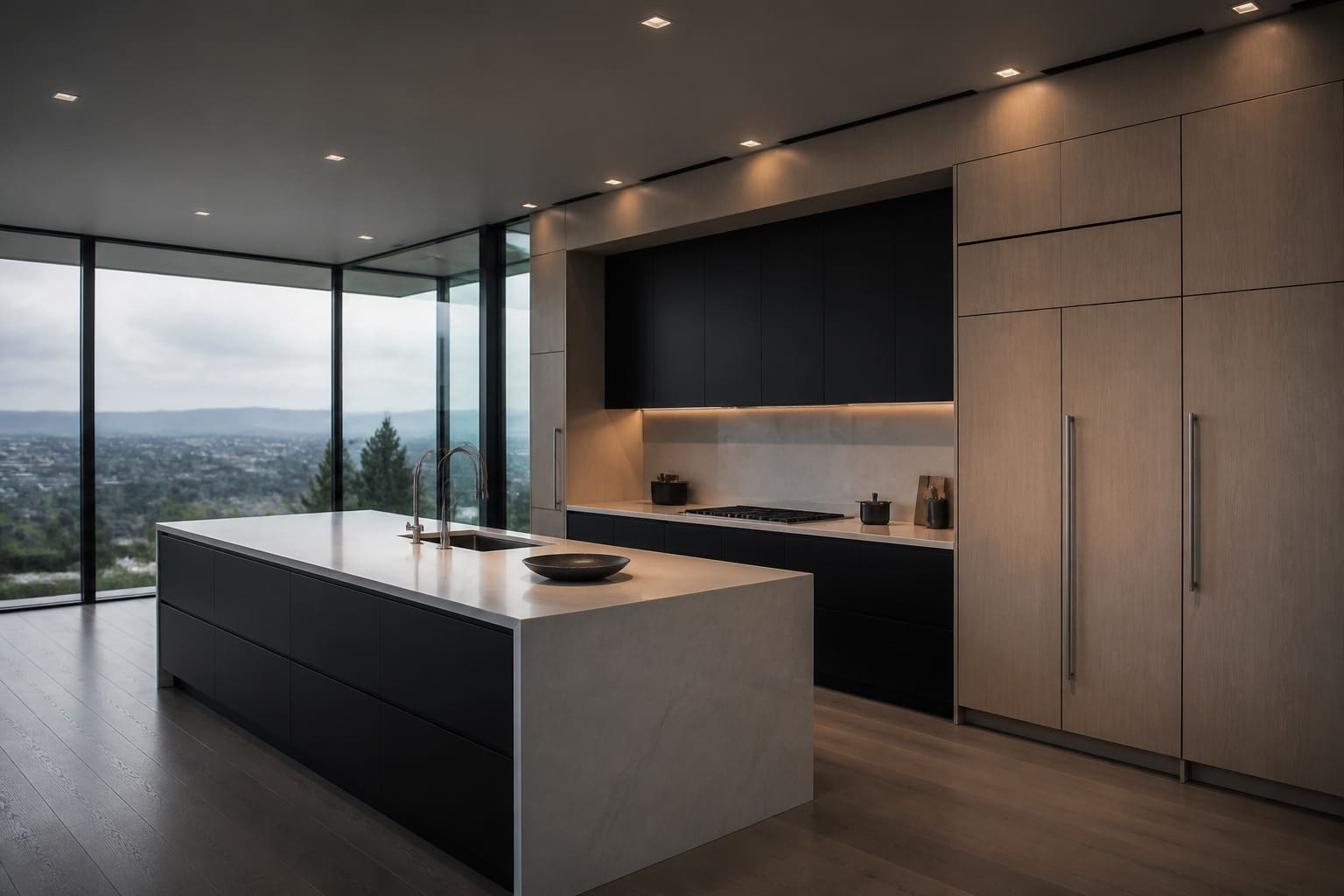 Integrated Sub-Zero column hidden behind matte custom fronts in a Cupertino remodel kitchen