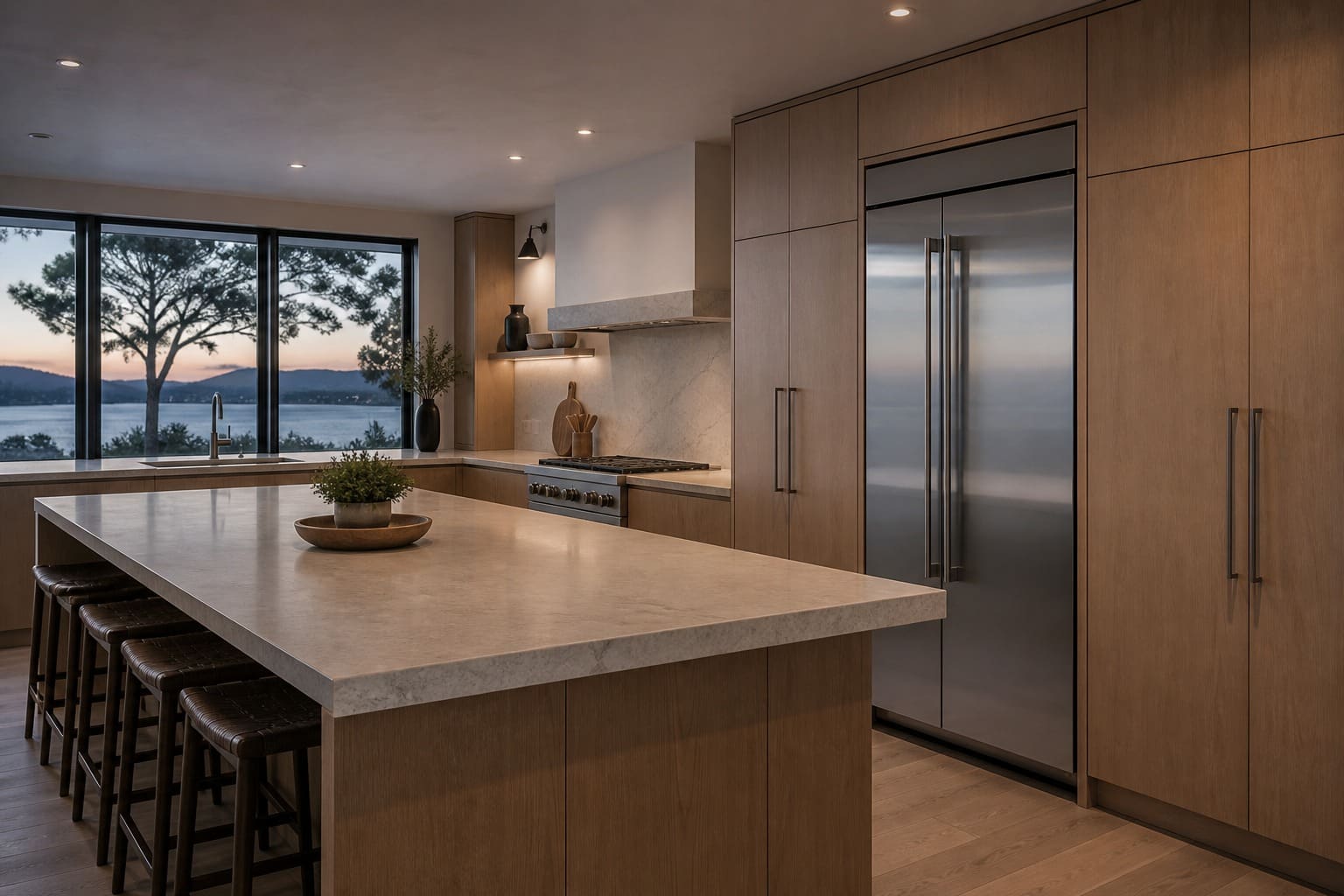 Stainless built-in Sub-Zero refrigerator in a premium minimal Cupertino kitchen at dusk, white-oak cabinetry and a quartz island