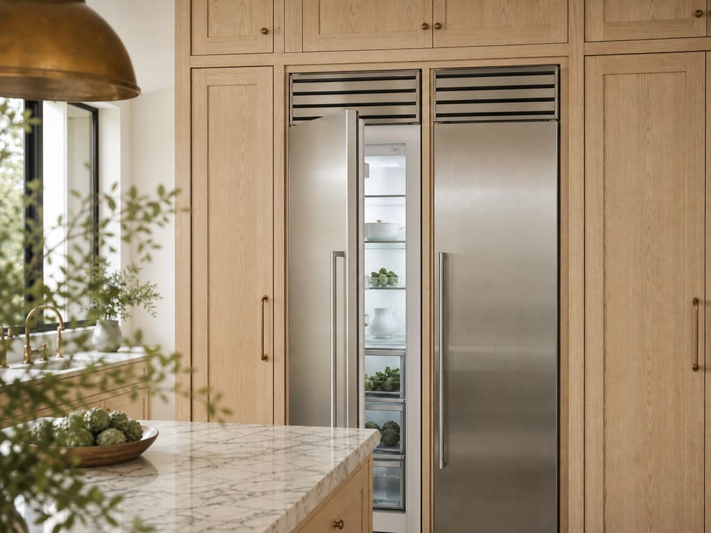 Open built-in Sub-Zero refrigerator integrated into custom Cupertino cabinetry