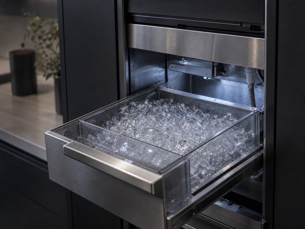 Built-in Sub-Zero clear-ice maker with a bin of clear ice cubes