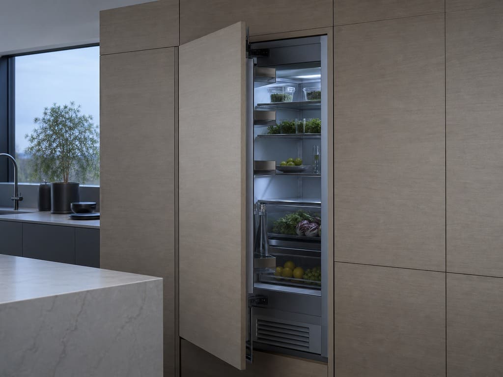 Panel-ready integrated refrigerator with custom cabinet fascia in a minimal Cupertino kitchen