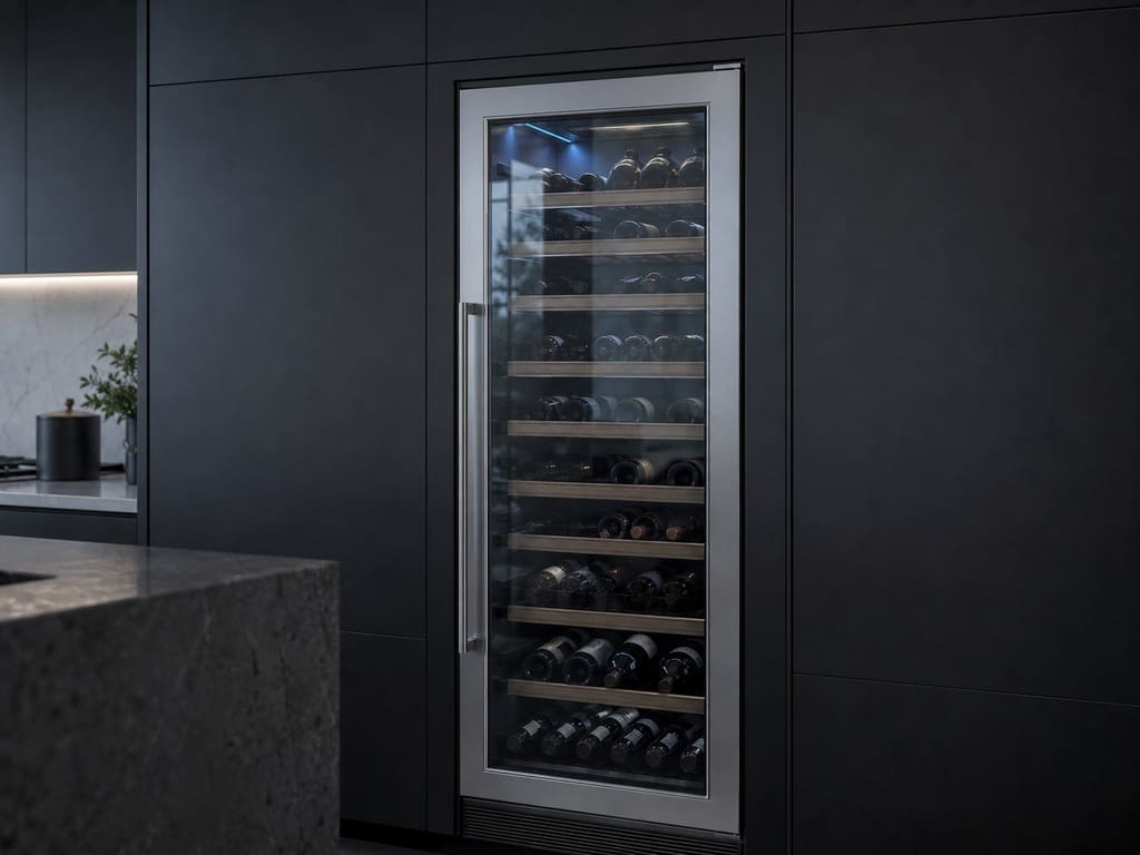 Built-in Sub-Zero multi-zone wine column stocked with bottles in a Cupertino remodel kitchen