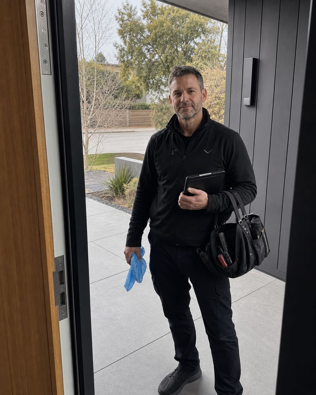 Sub-Zero repair specialist arriving at the door of a Cupertino home for a built-in refrigerator service call