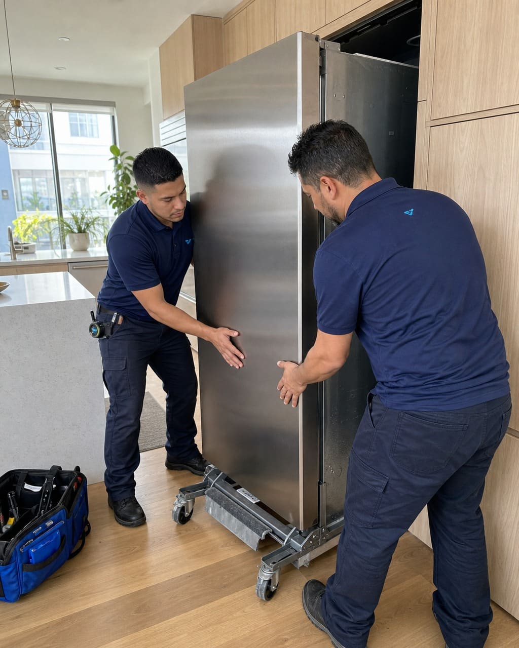 Technicians cabinet-safely sliding a built-in refrigerator out of custom cabinetry in a Cupertino kitchen