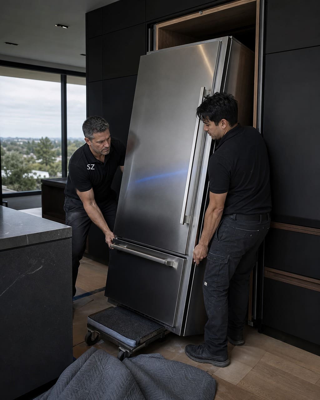 Two technicians carefully sliding a panel-ready built-in Sub-Zero refrigerator out of its custom cabinet in a Cupertino kitchen