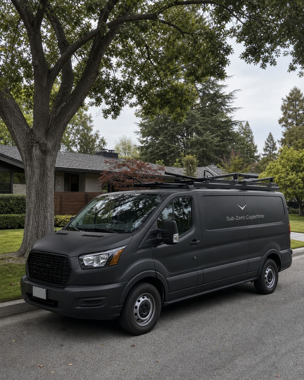Sub-Zero Cupertino service van parked on a tree-lined Cupertino street near homes with built-in refrigeration
