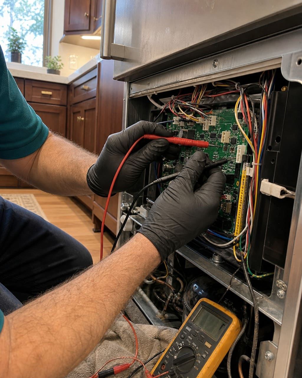 Technician cleaning the condenser and checking the fan on a pulled-out built-in Sub-Zero in a Cupertino kitchen