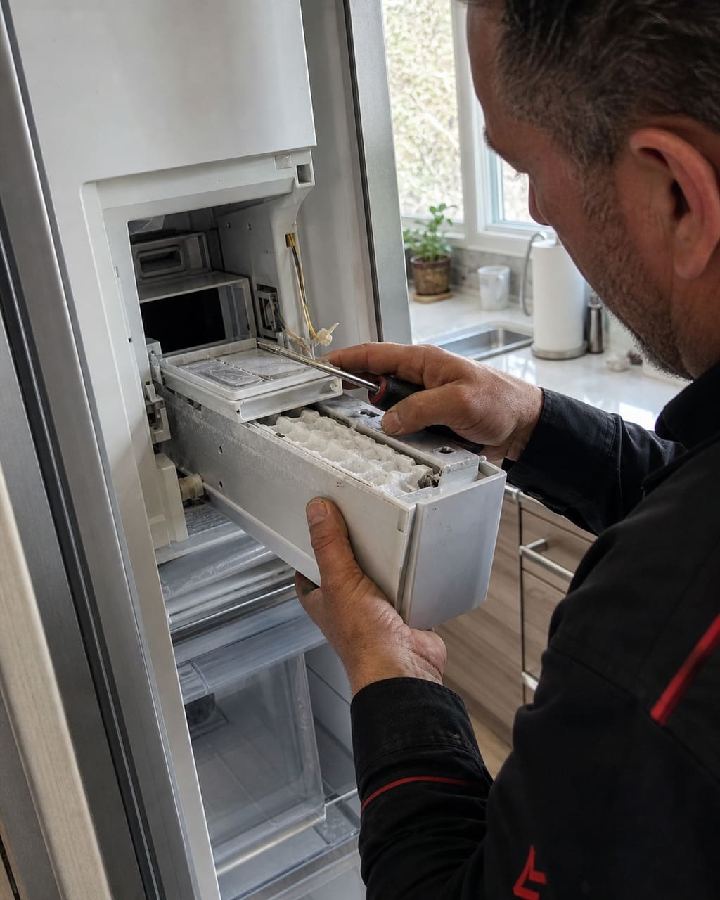Technician reading the control board and alarm panel of a pulled-out built-in Sub-Zero in a Cupertino kitchen